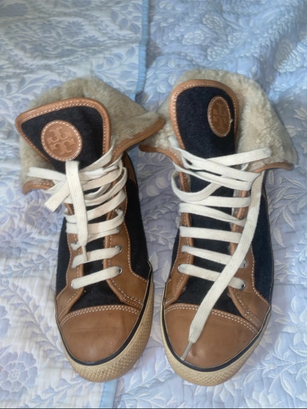 🔥Tory Burch Black and Brown Shearling-Trim and Leather High-Top Sneakers